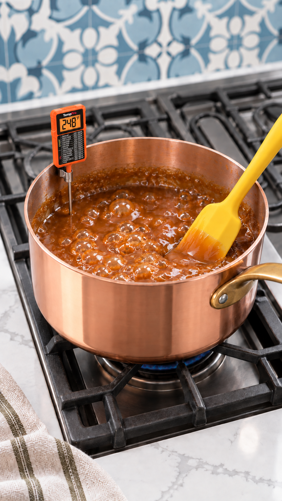 Brown sugar caramel boiling in a copper saucepan with an orange TempPro thermometer reading 248°F and a yellow silicone spatula.