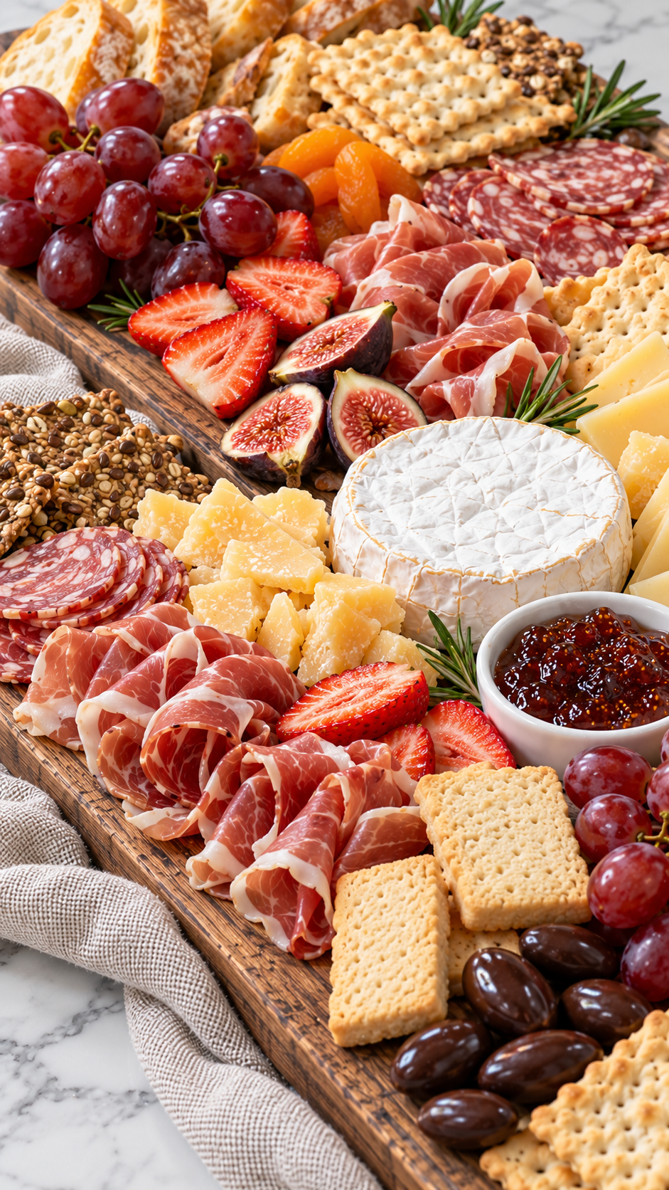 Whole Brie and fig jam beside cured meats, figs, strawberries, and crisp crackers.