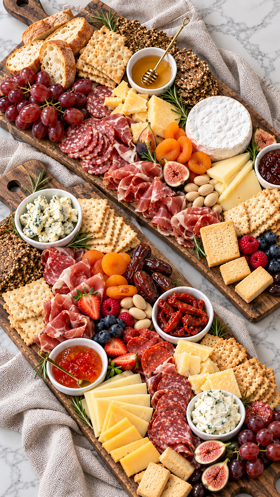 Overhead view of two charcuterie boards with a whole Brie, cheese slices, cured meats, and fruit.
