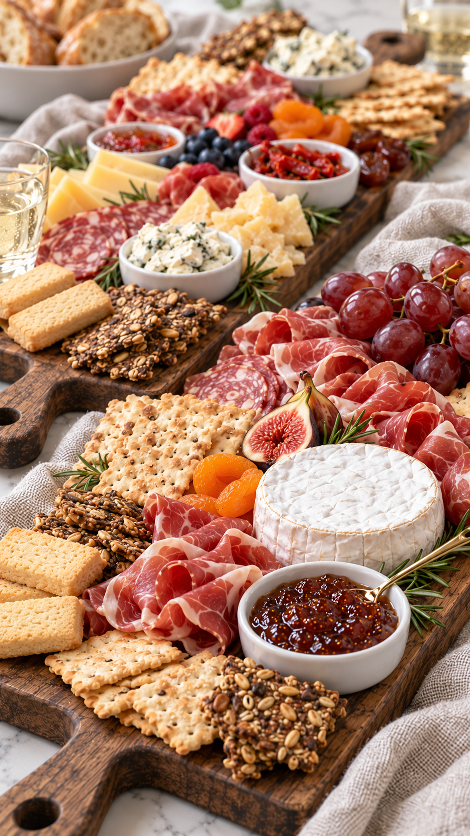Close view of whole Brie, fig jam, prosciutto, salami, and crackers on a wooden board.