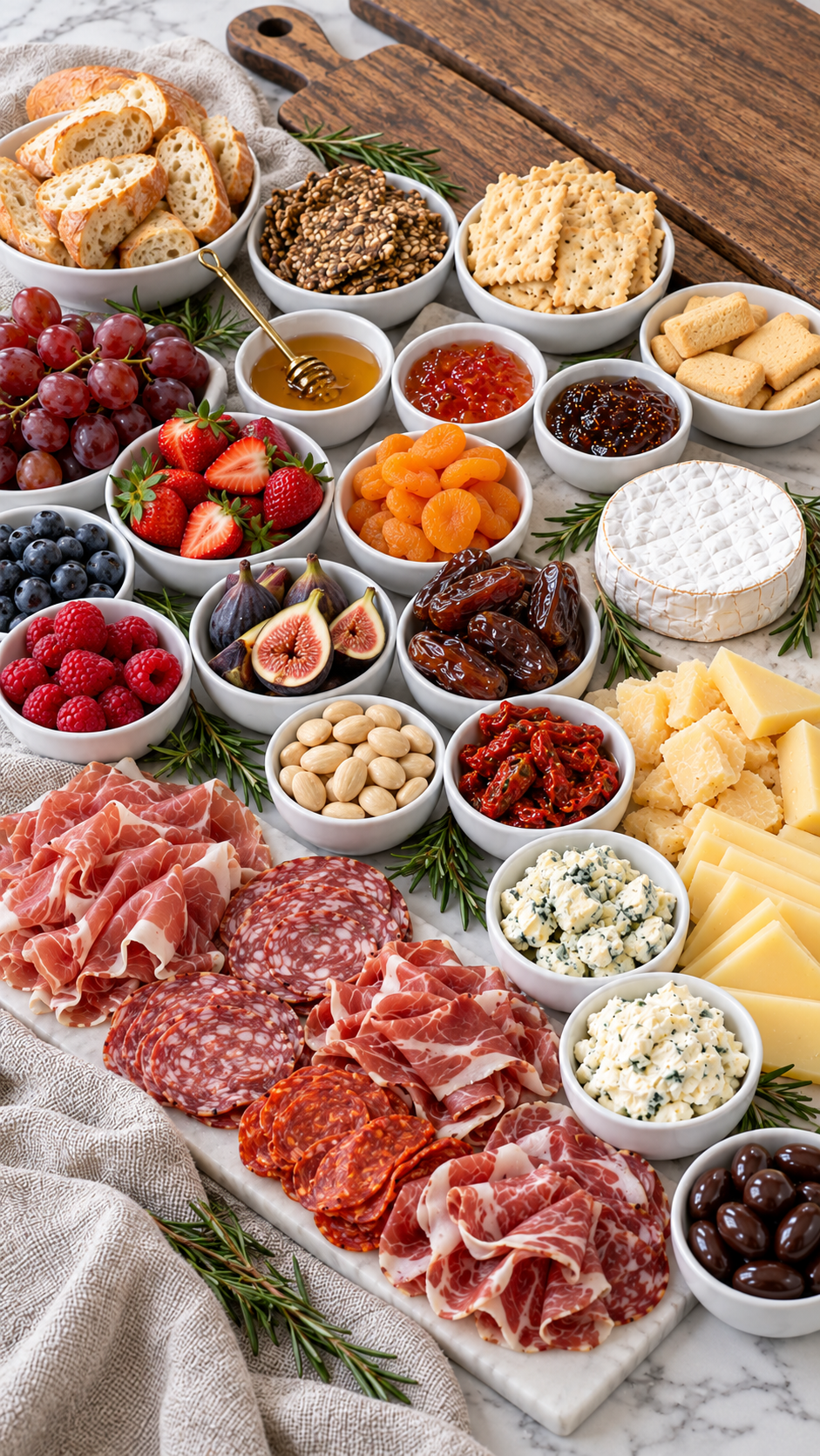 Cheeses, cured meats, fruit, spreads, nuts, bread, and crackers prepared for charcuterie boards.