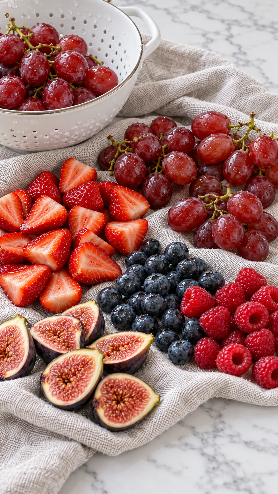 Rinsed berries, halved figs, and small grape clusters drying before assembly.