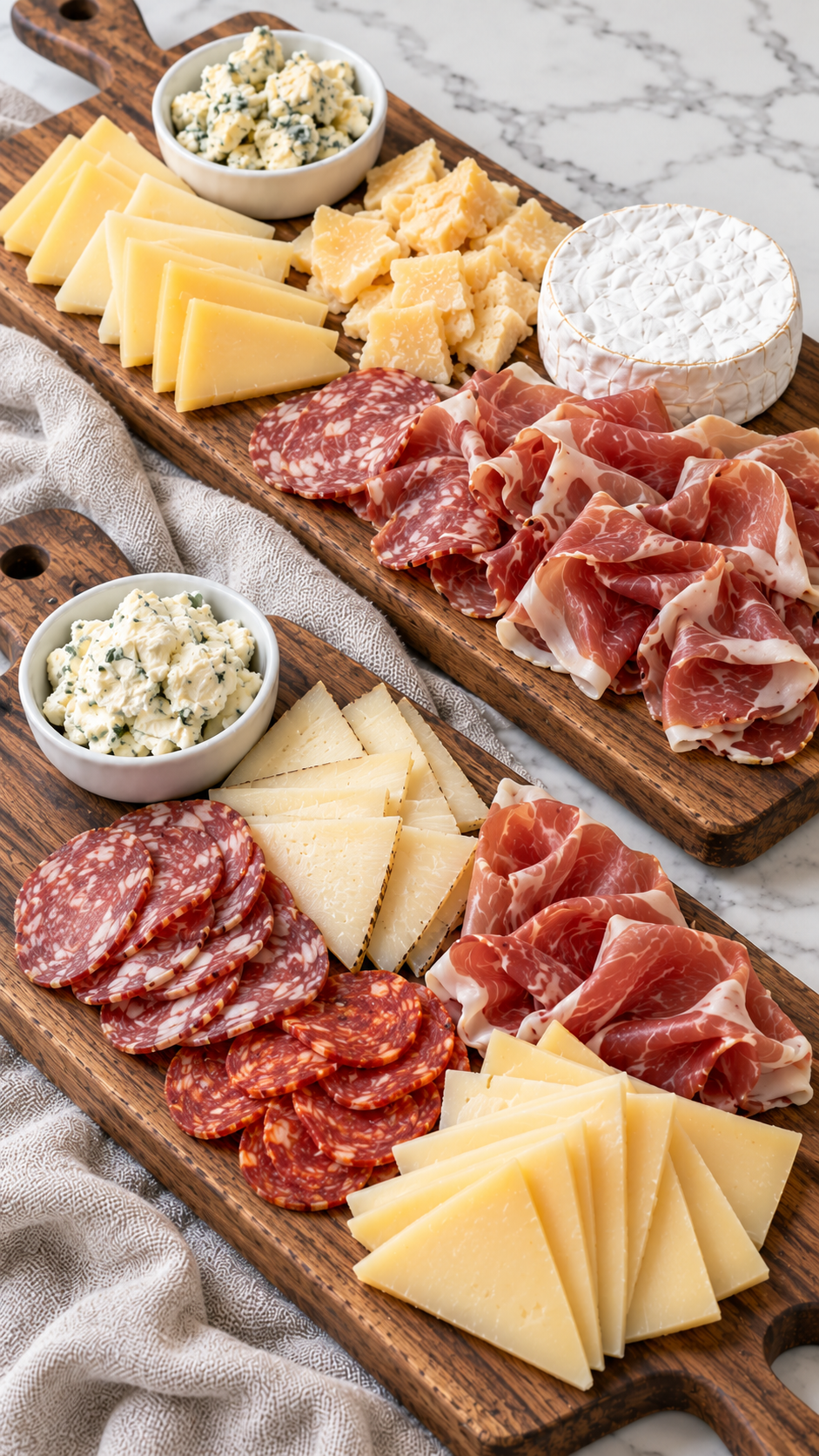 Cheese slices and chunks beside folded cured meats and a whole Brie.