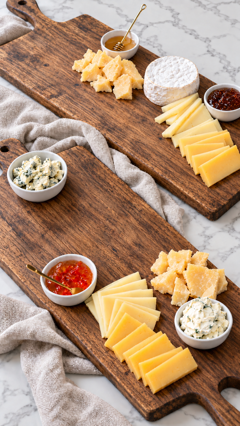 Cheeses and small bowls of spreads placed on two boards with space for other ingredients.