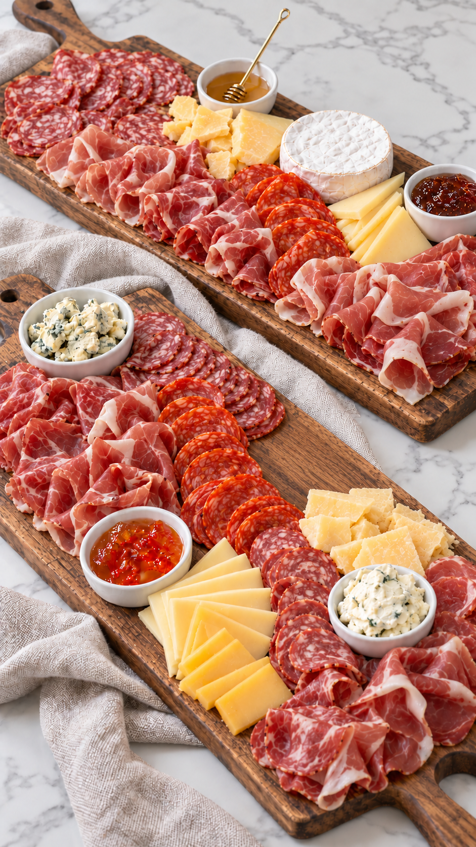 Groups of cured meats arranged between cheeses and bowls of spreads.