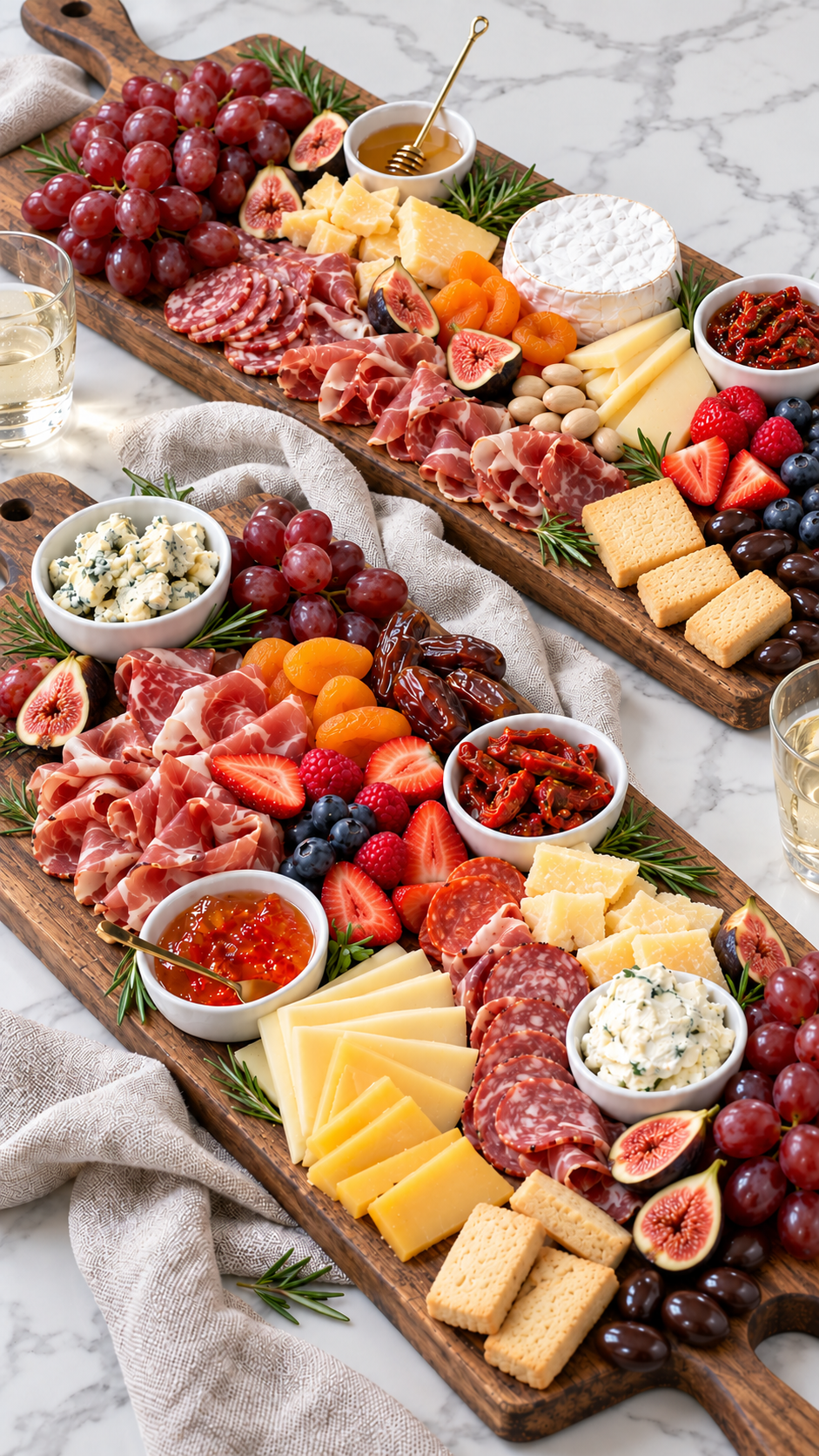 Fruit, dried apricots, dates, nuts, and sweets added around the meats and cheeses.