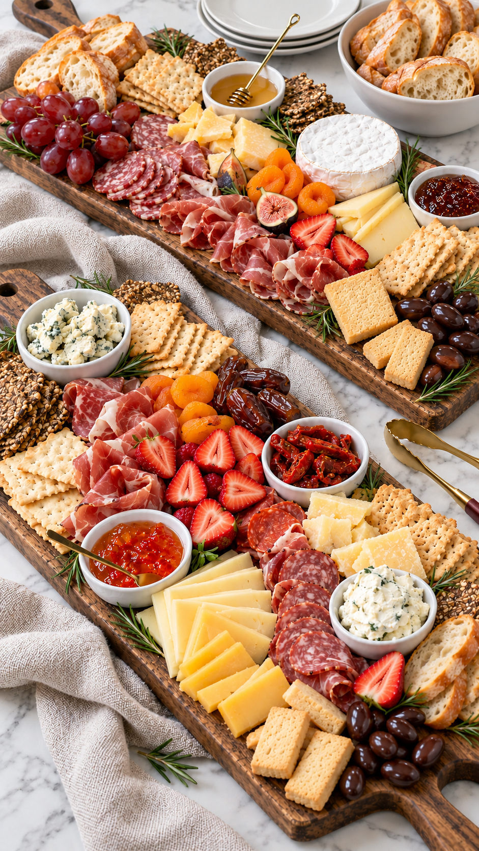 Finished charcuterie boards with crackers, baguette slices, and rosemary added for serving.
