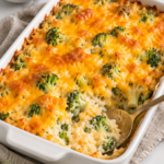 Creamy broccoli rice casserole with melted sharp cheddar in a white baking dish.