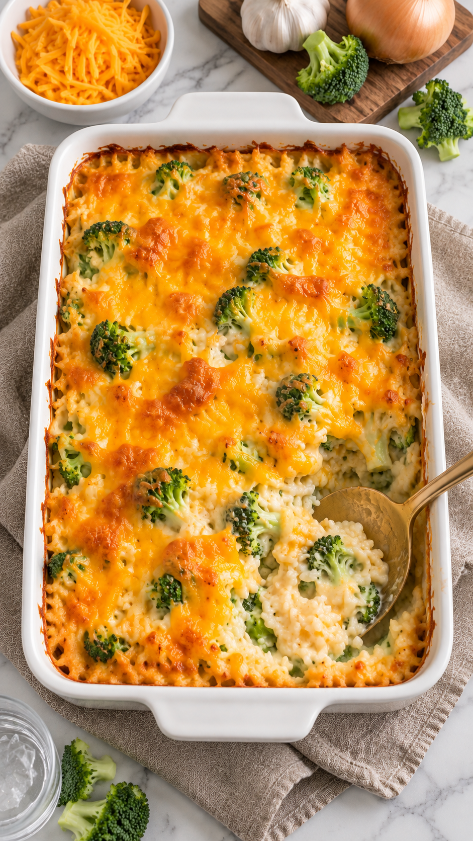 Overhead view of cheesy broccoli rice casserole in the same white baking dish.
