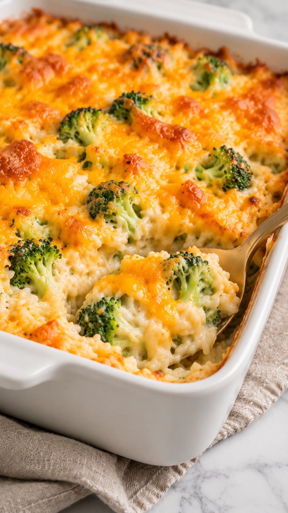 Close-up of creamy cheddar sauce coating broccoli and rice under the melted cheese topping.