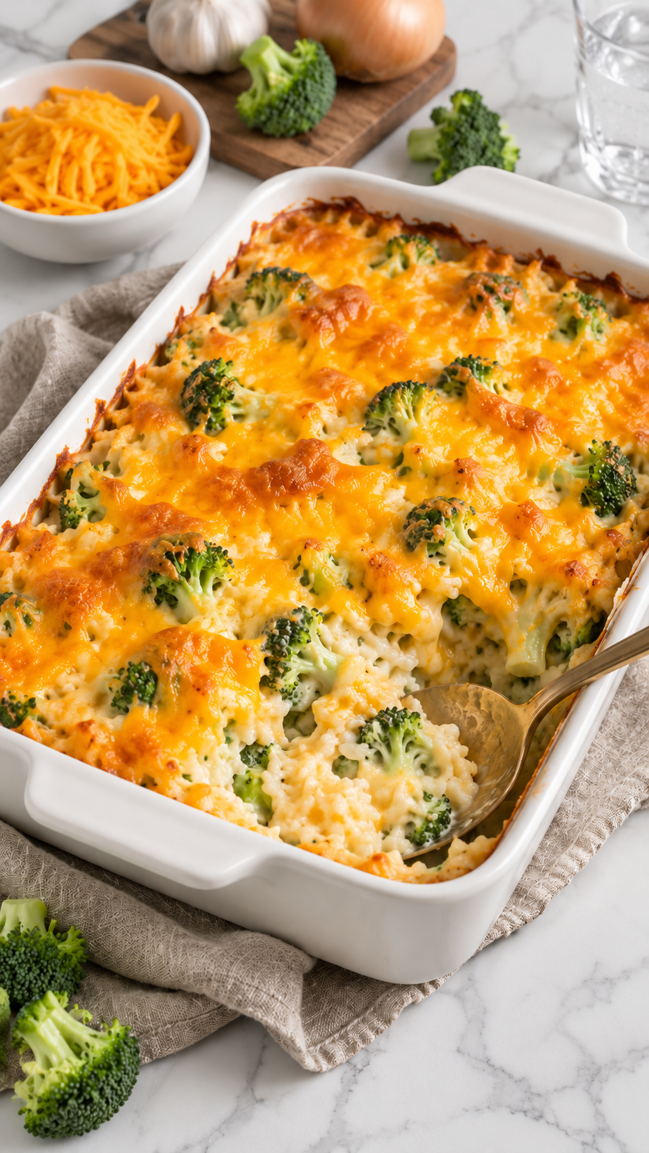 Creamy broccoli rice casserole with melted sharp cheddar in a white baking dish.