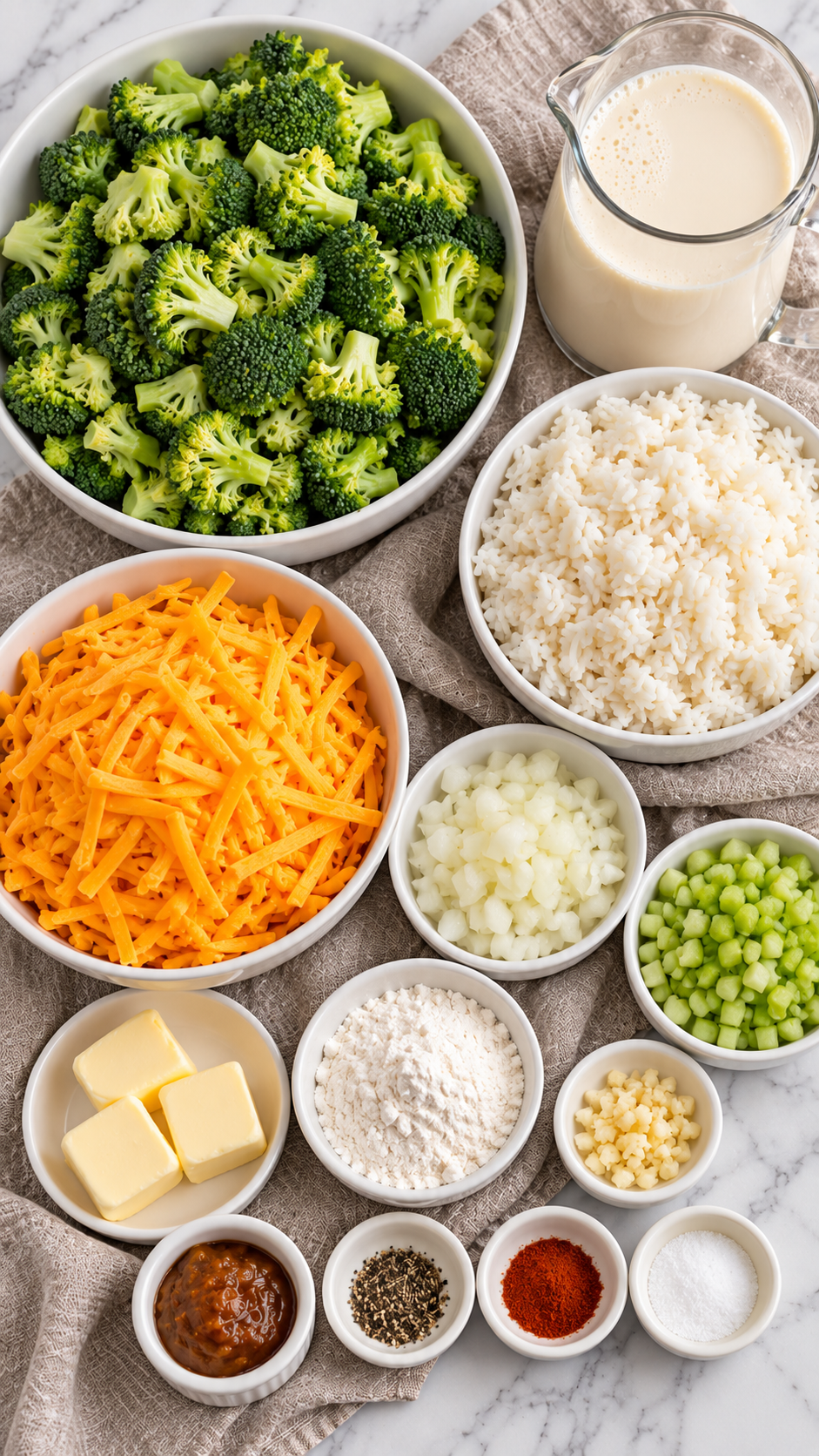Broccoli, cooked rice, cheddar, evaporated milk, vegetables, butter, flour, and seasonings for the casserole.
