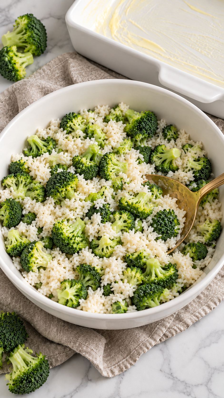 Drained broccoli and cooked white rice ready in a large mixing bowl.