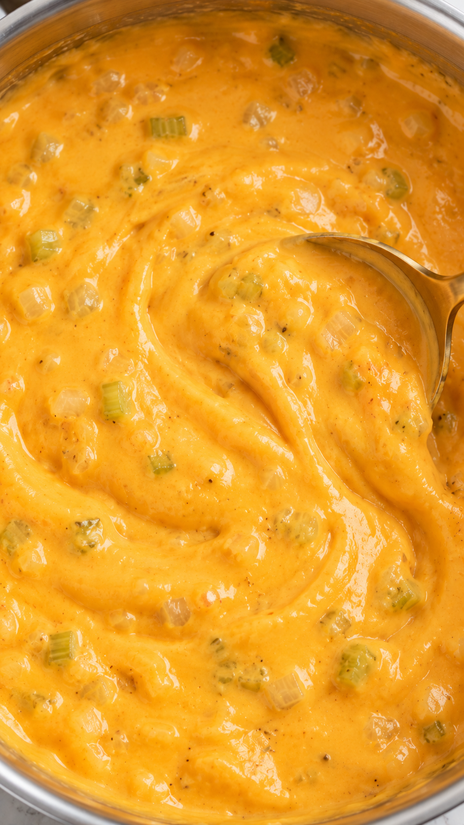 Thick homemade cheddar sauce with softened onion and celery after the cheese melts off the heat.