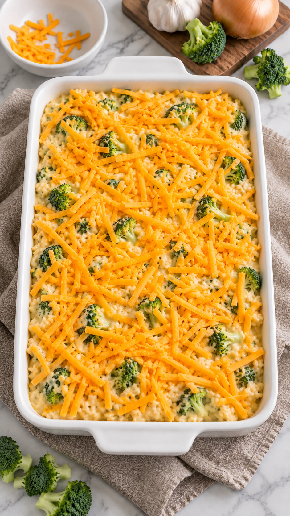 Unbaked broccoli rice casserole topped with shredded cheddar.