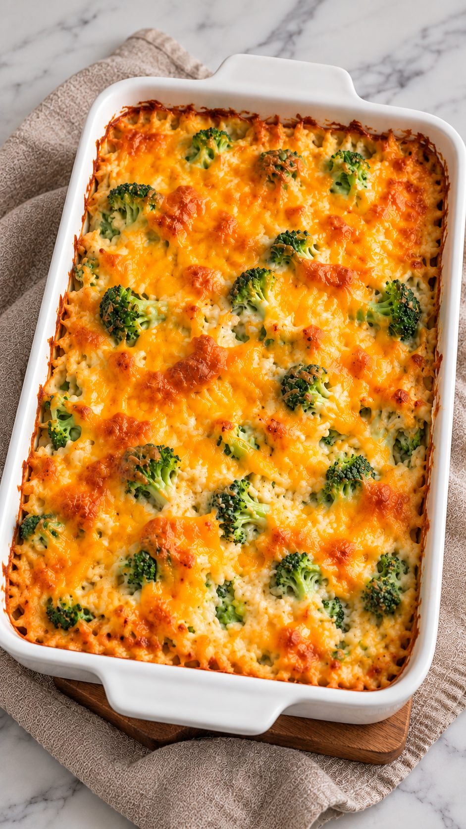 Baked broccoli rice casserole with a lightly browned melted cheese topping.
