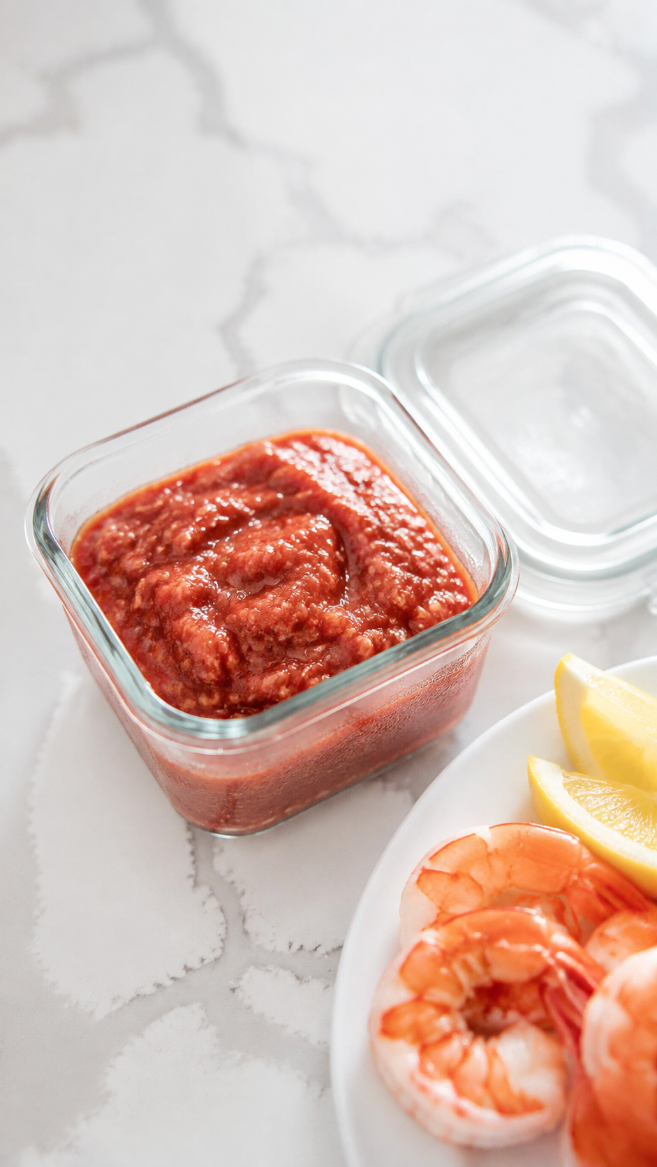 Chilled homemade cocktail sauce in a glass container beside shrimp and lemon wedges