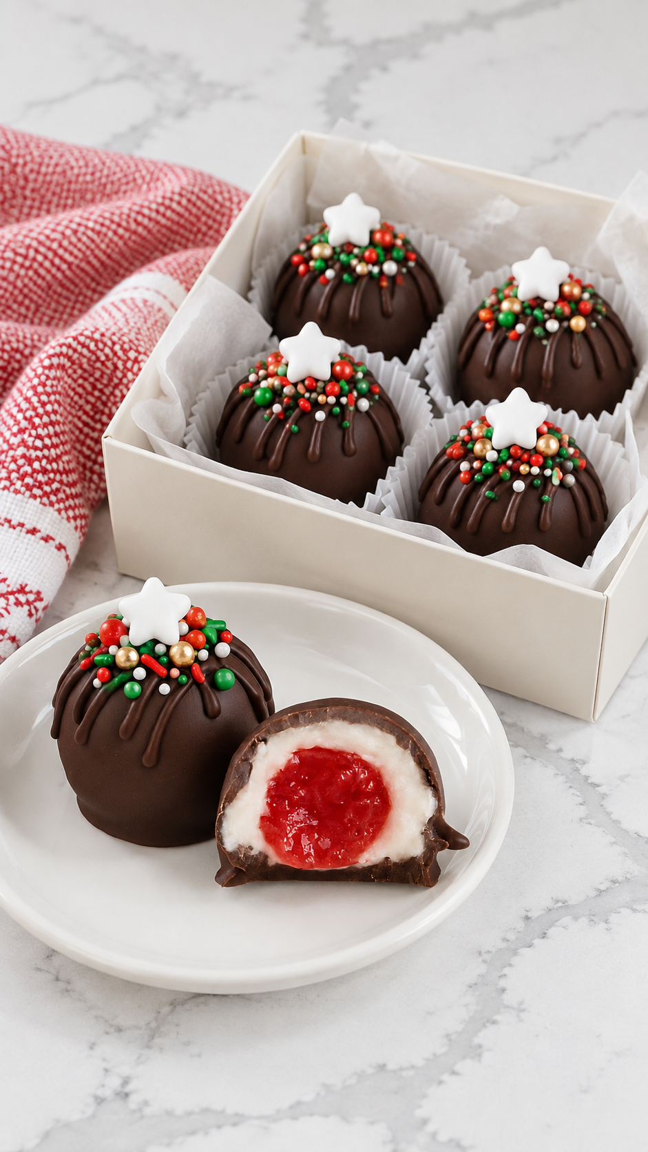 Chocolate covered cherry cordials packed in a white gift box