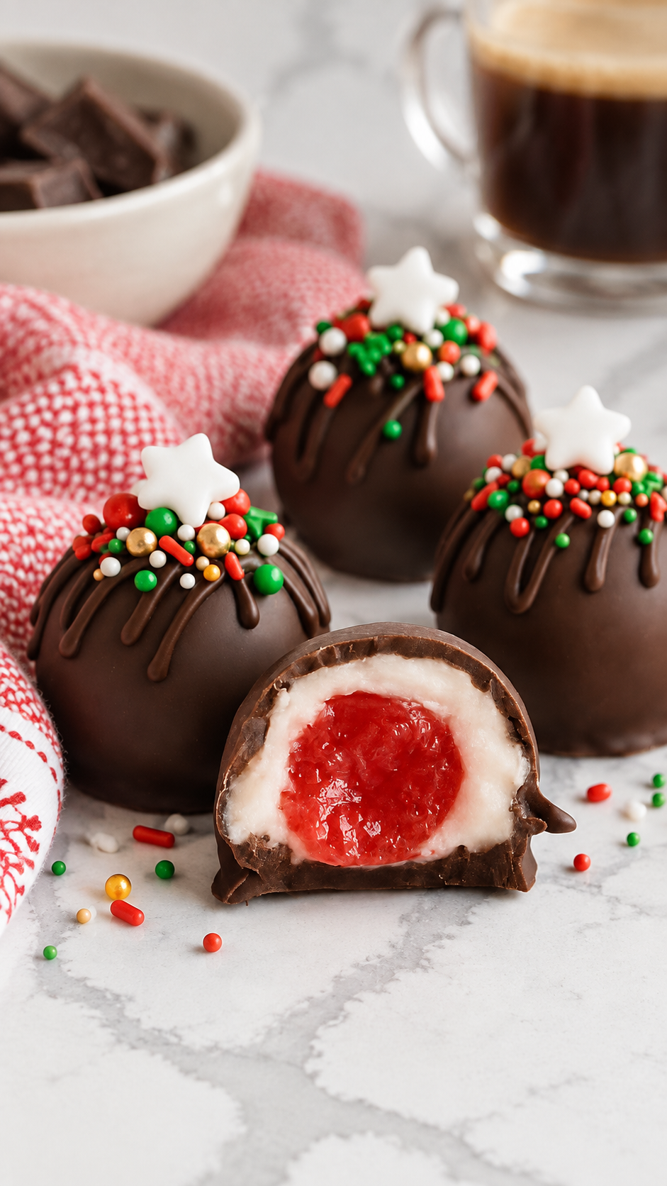 Chocolate covered cherry cordials arranged on a white plate