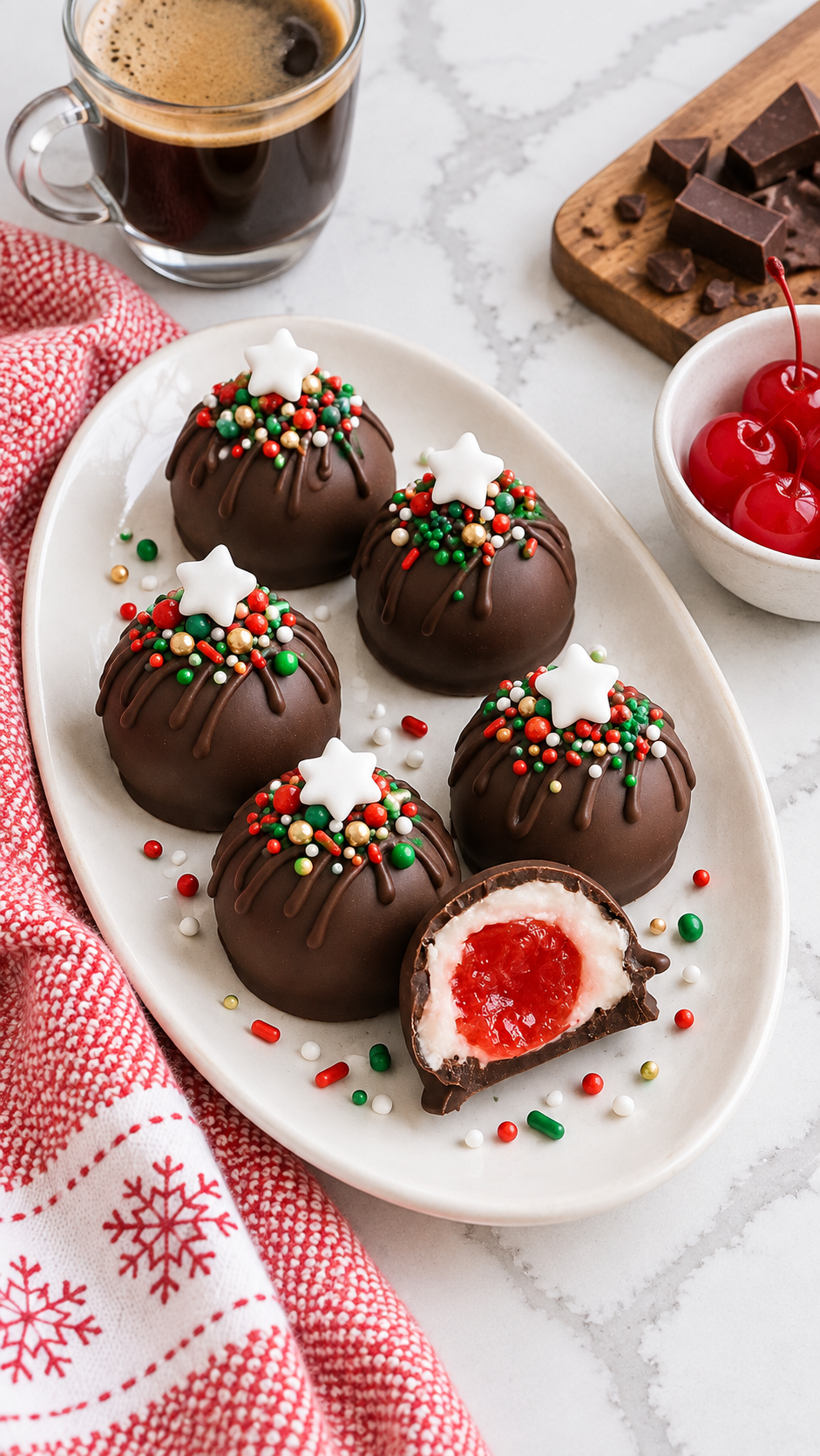 Close-up of a cherry cordial with a whole red cherry inside soft fondant