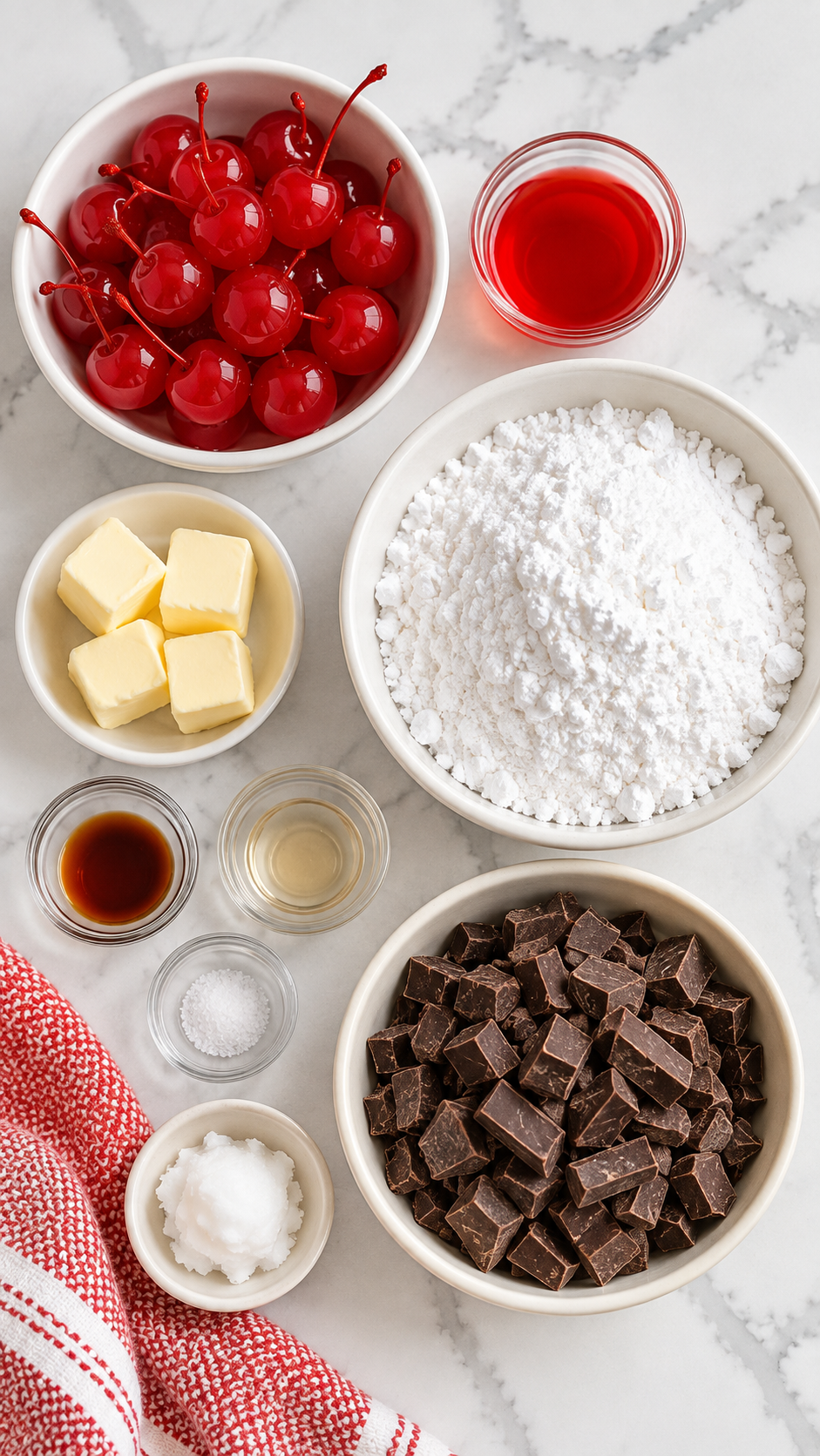 Maraschino cherries, powdered sugar, butter, salt, extracts, chocolate, coconut oil, and reserved cherry juice