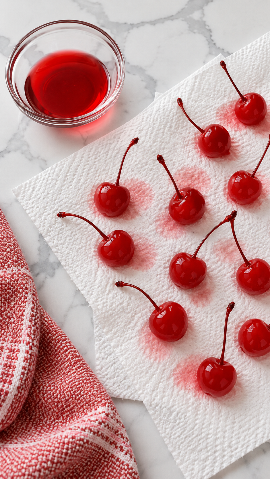 Drained maraschino cherries drying on paper towels
