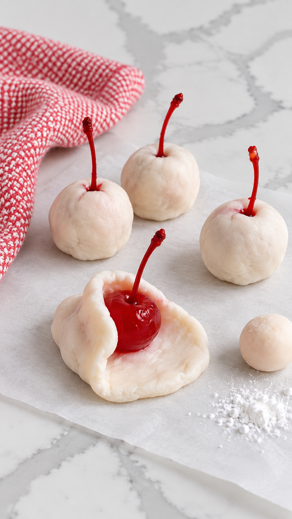 A cherry partly wrapped in fondant beside wrapped cherries on parchment