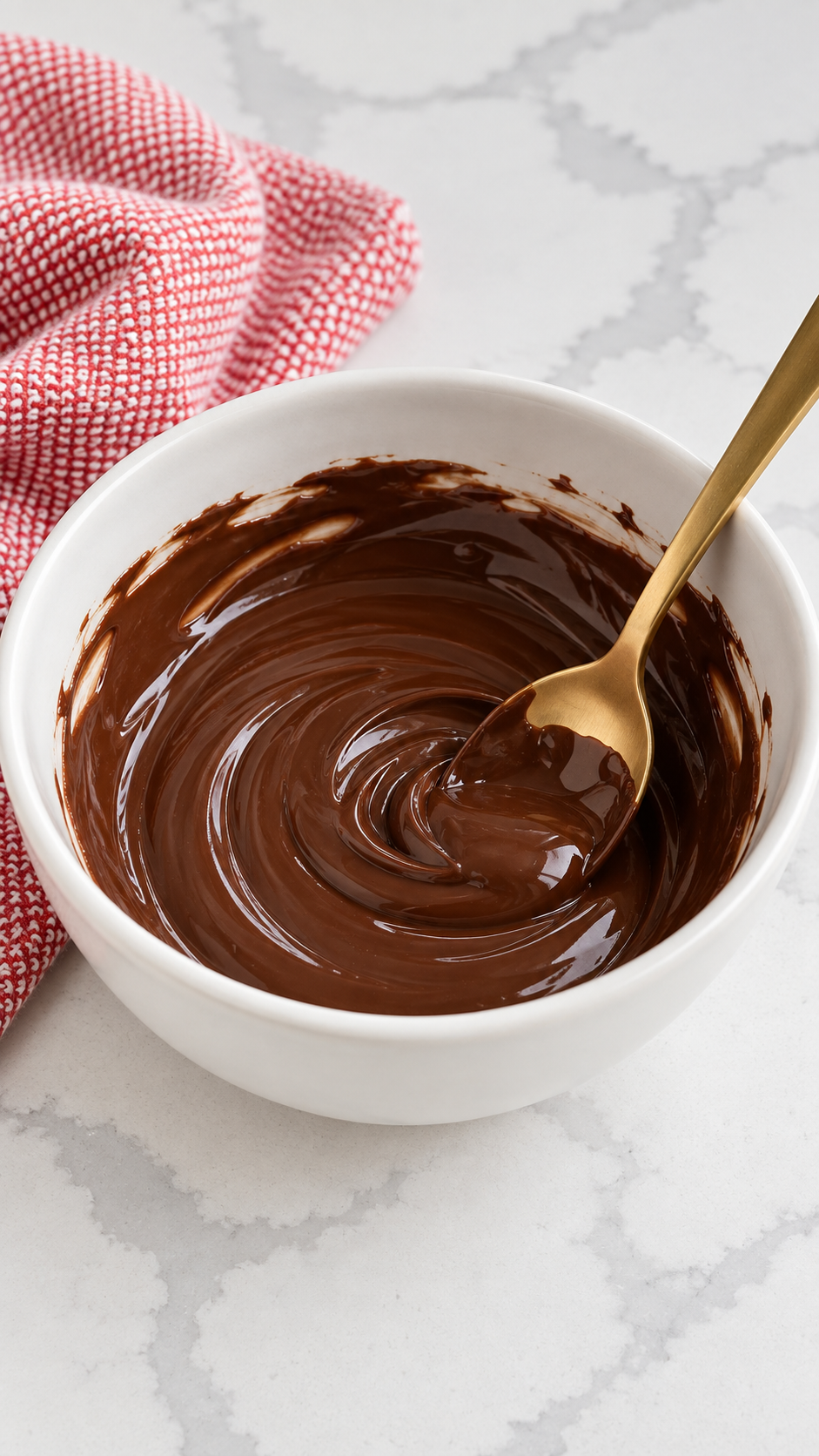 Melted chocolate and coconut oil in a white bowl with a gold spoon