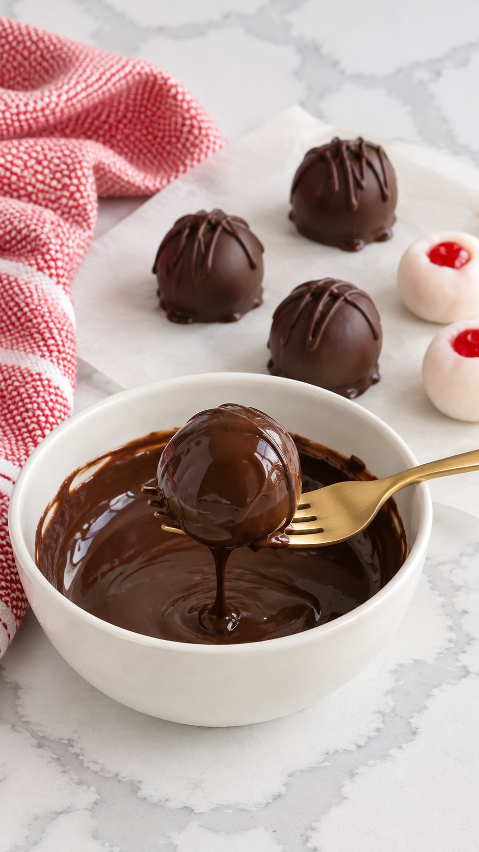 A fondant-wrapped stemless cherry dipped in chocolate with a fork