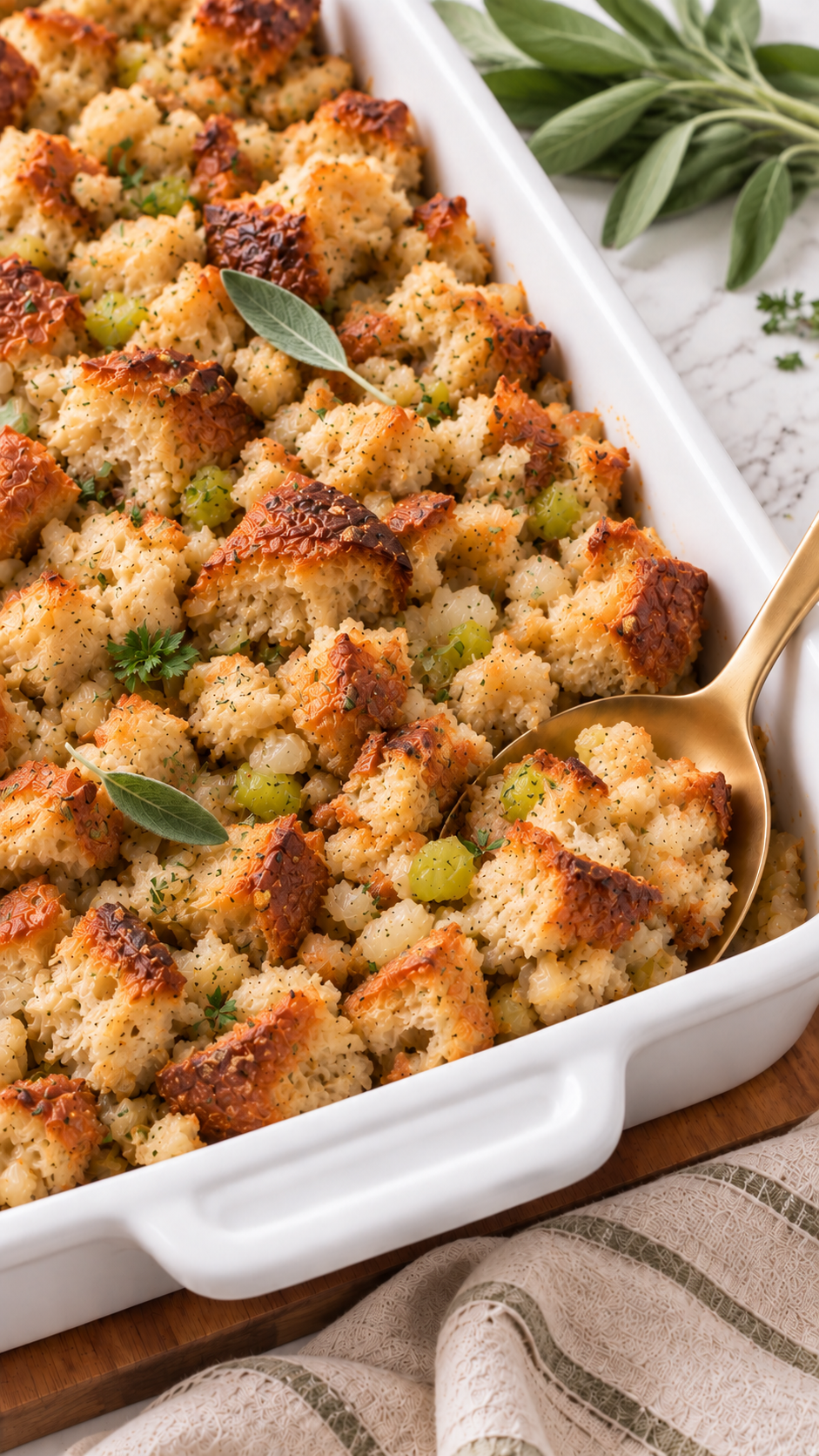 A serving spoon revealing the moist center and crisp edges of rustic sage bread stuffing.