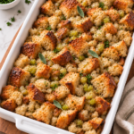Rustic sourdough bread stuffing with sage in a white rectangular baking dish.