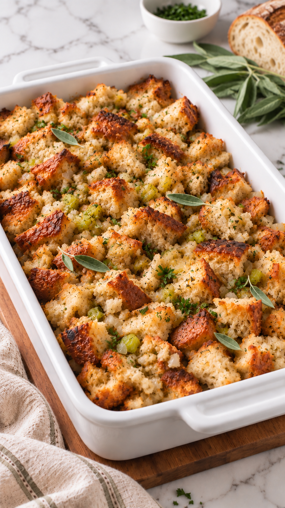 Golden bread stuffing with irregular sourdough pieces, celery, onion, and sage.