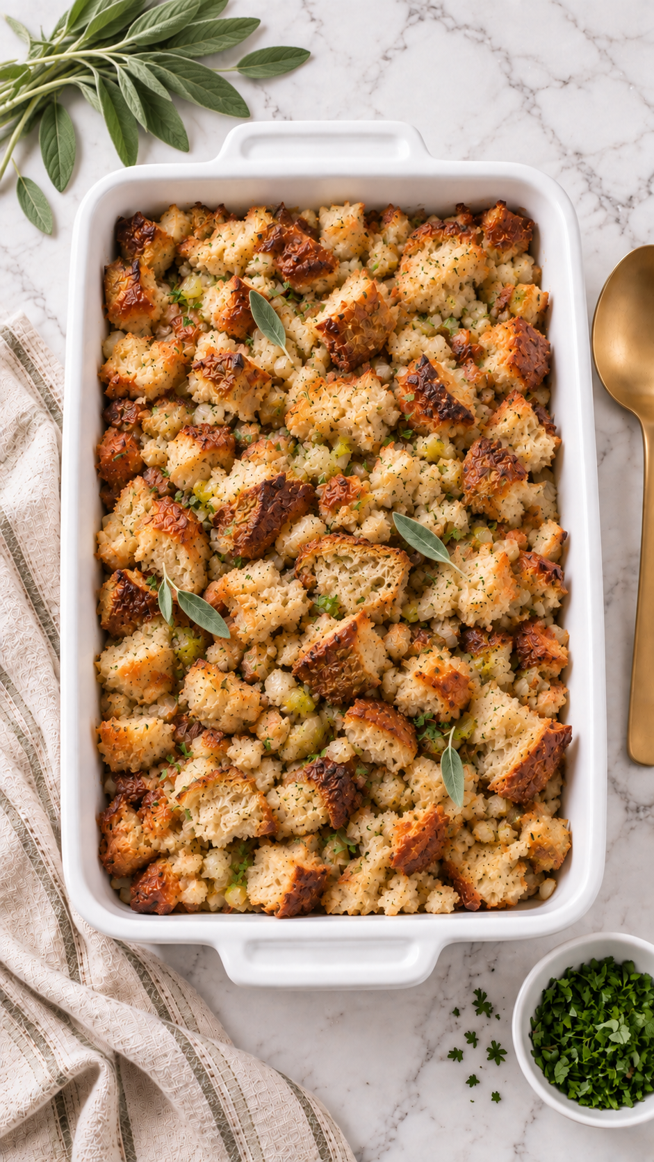 Overhead view of classic bread stuffing with sage in a white baking dish.