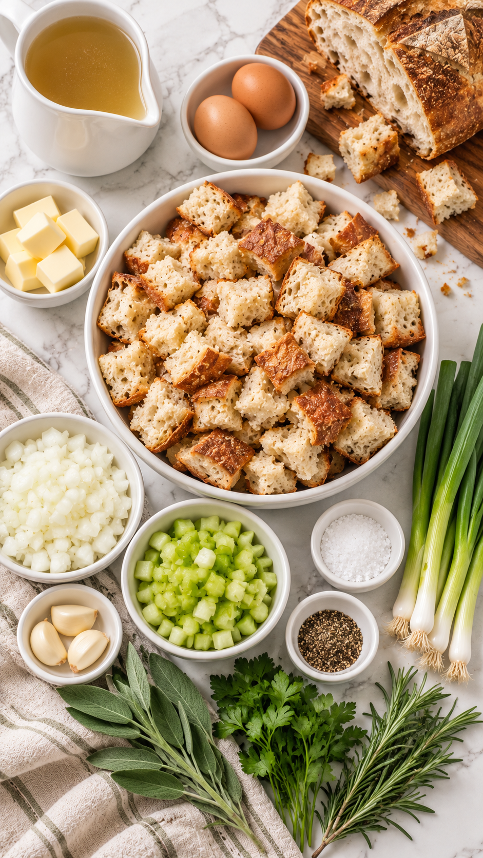 Sourdough bread, butter, onions, celery, garlic, fresh herbs, broth, and eggs for bread stuffing.