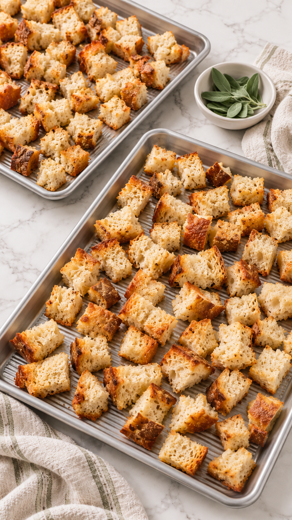 Sourdough bread pieces spread on two rimmed baking sheets for toasting.