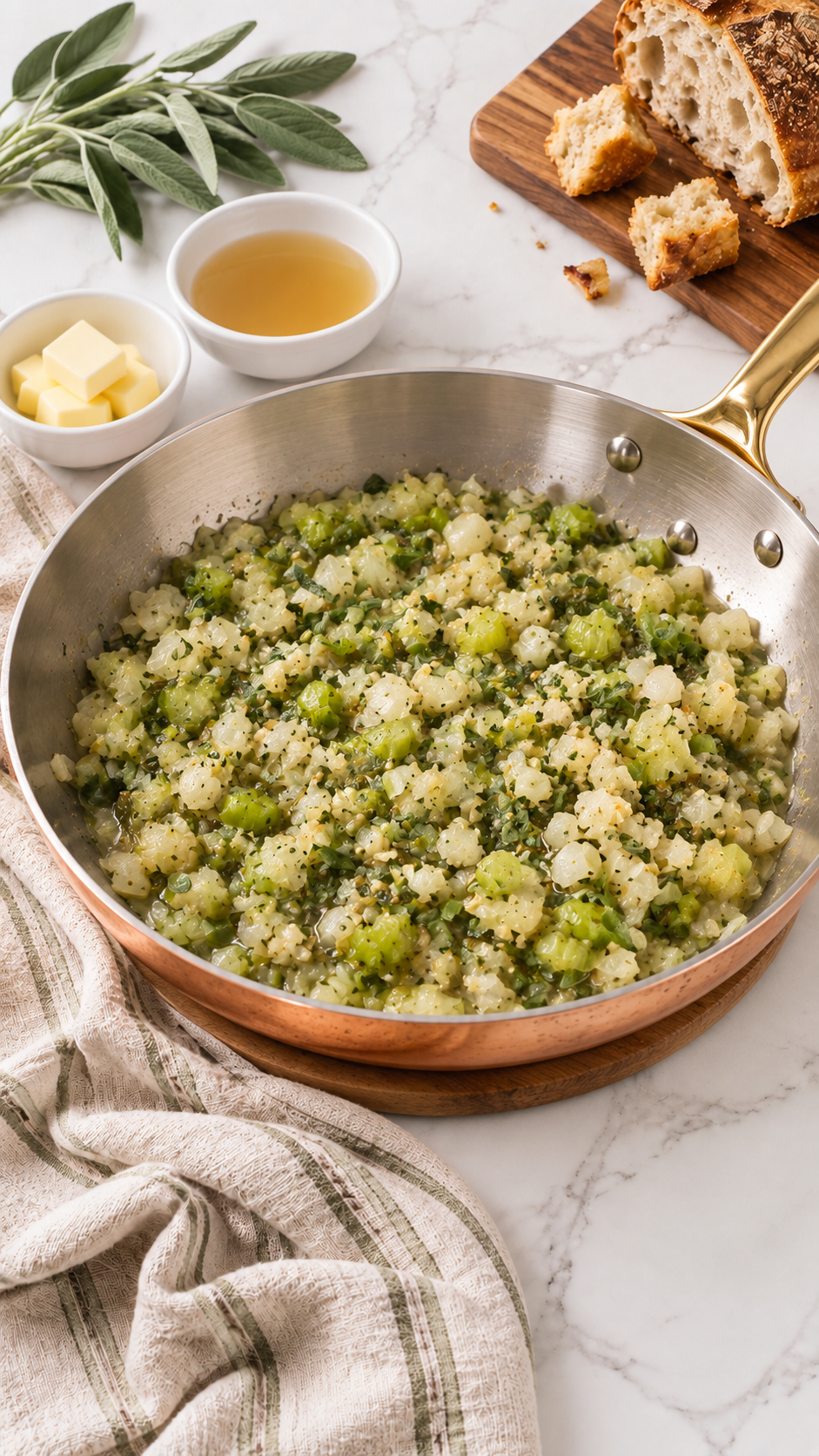 Softened onions and celery with minced herbs and broth in a large skillet.