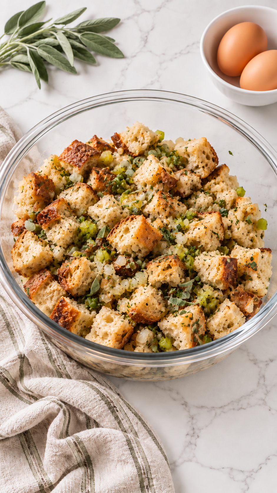 Toasted sourdough folded with buttery vegetables and herbs in a glass mixing bowl.