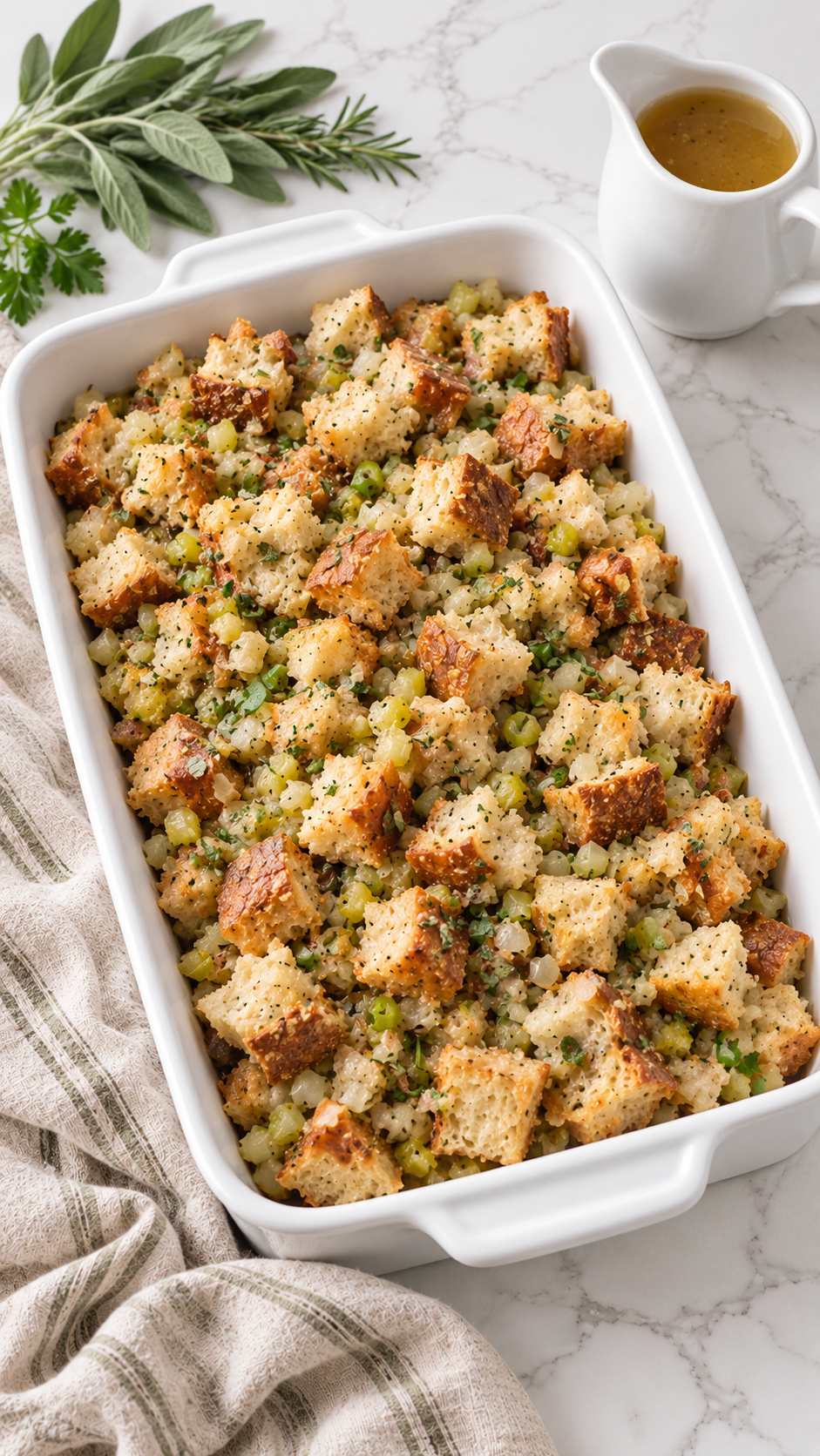 Moistened bread stuffing spread loosely in a white rectangular baking dish before baking.