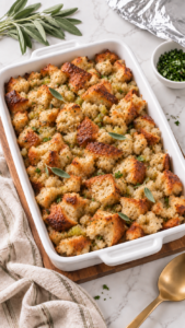 Baked bread stuffing with golden edges and fresh sage in a white rectangular dish.