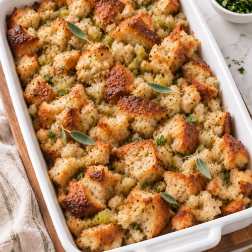 Baked bread stuffing with golden edges and fresh sage in a white rectangular dish.