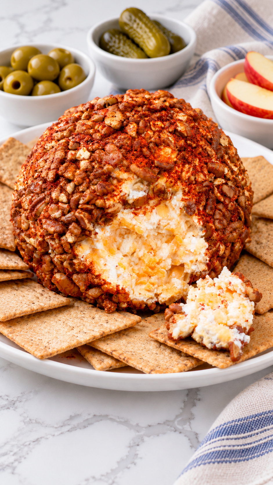 Finished pecan-coated cheese ball with crackers and appetizer accompaniments.