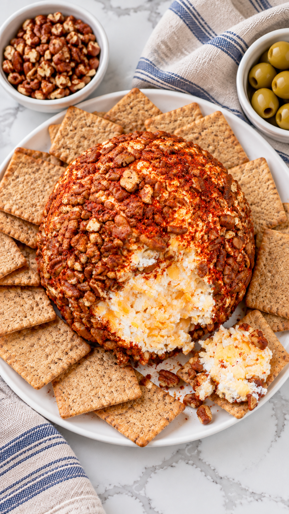 Overhead view of a cheddar cheese ball served with crackers on a white plate.