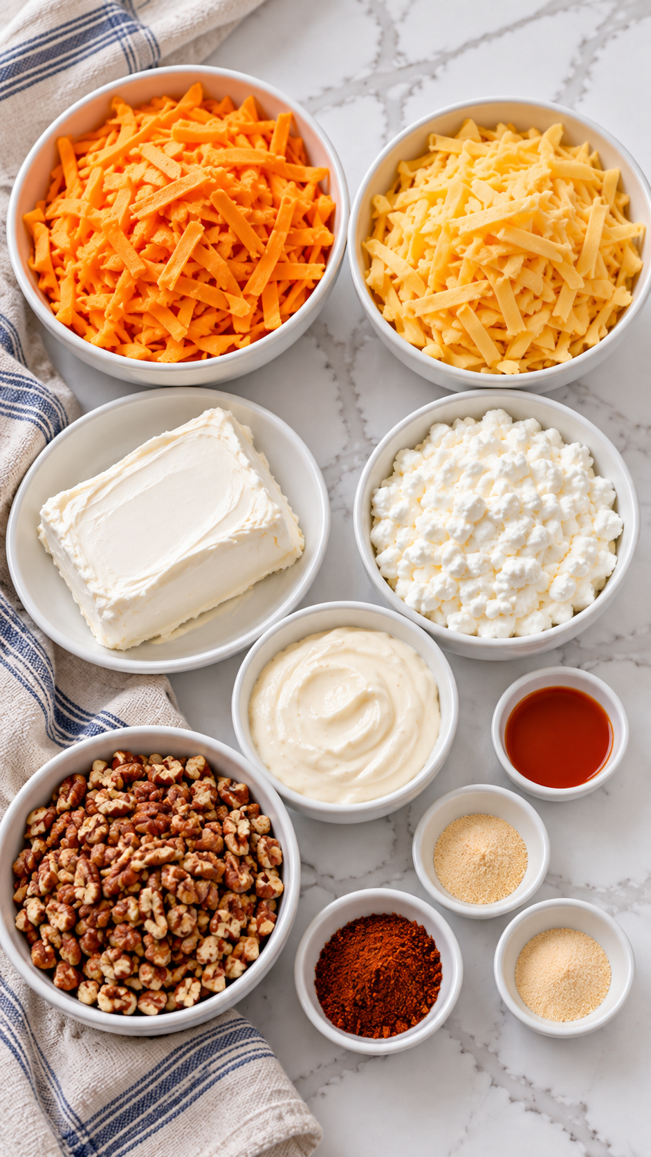 Measured cheddar, American cheese, cream cheese, cottage cheese, dressing, seasonings and pecans for two cheeseballs.
