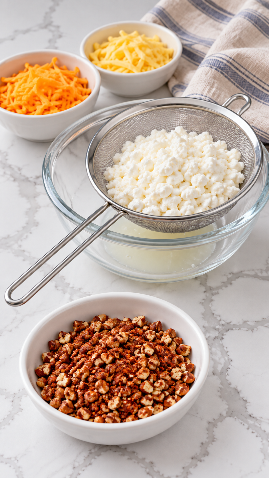 Cottage cheese draining in a fine-mesh strainer beside pecans mixed with chili powder.