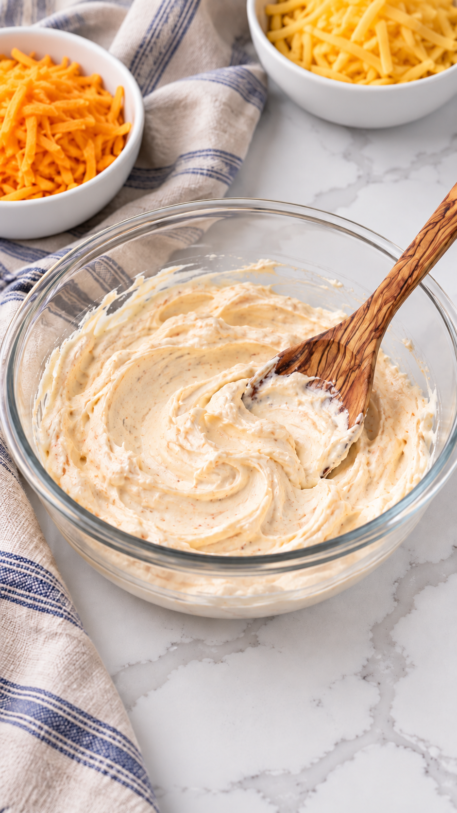 Cream cheese, whipped salad dressing and seasonings blended in a glass mixing bowl.