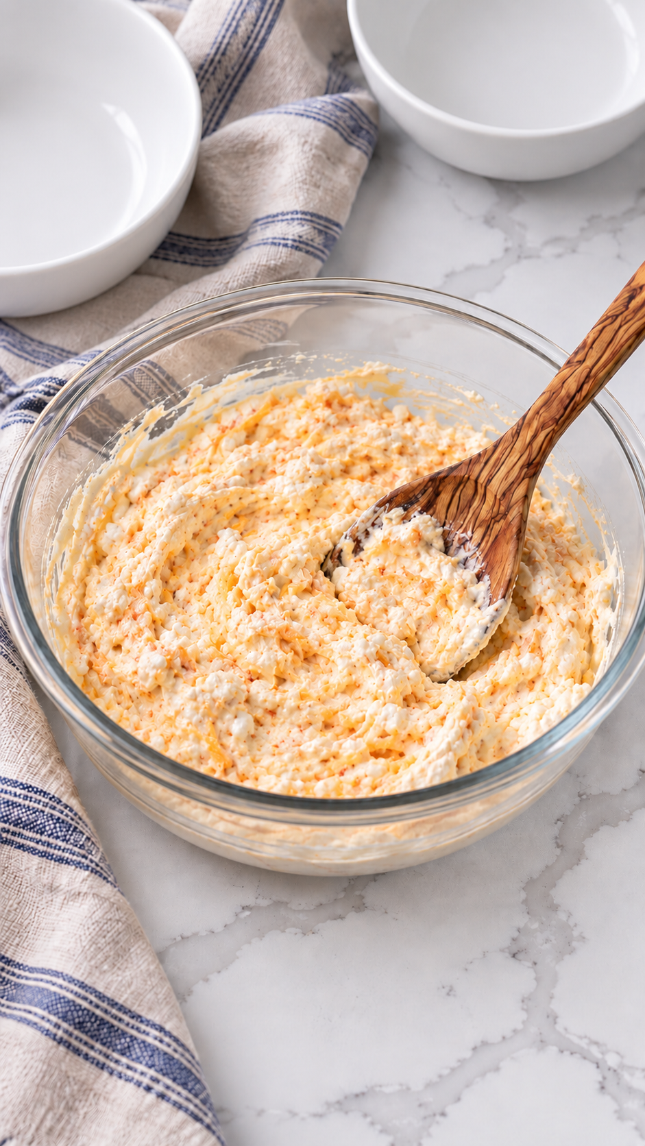 Grated cheddar, American cheese and drained cottage cheese mixed into the creamy base.
