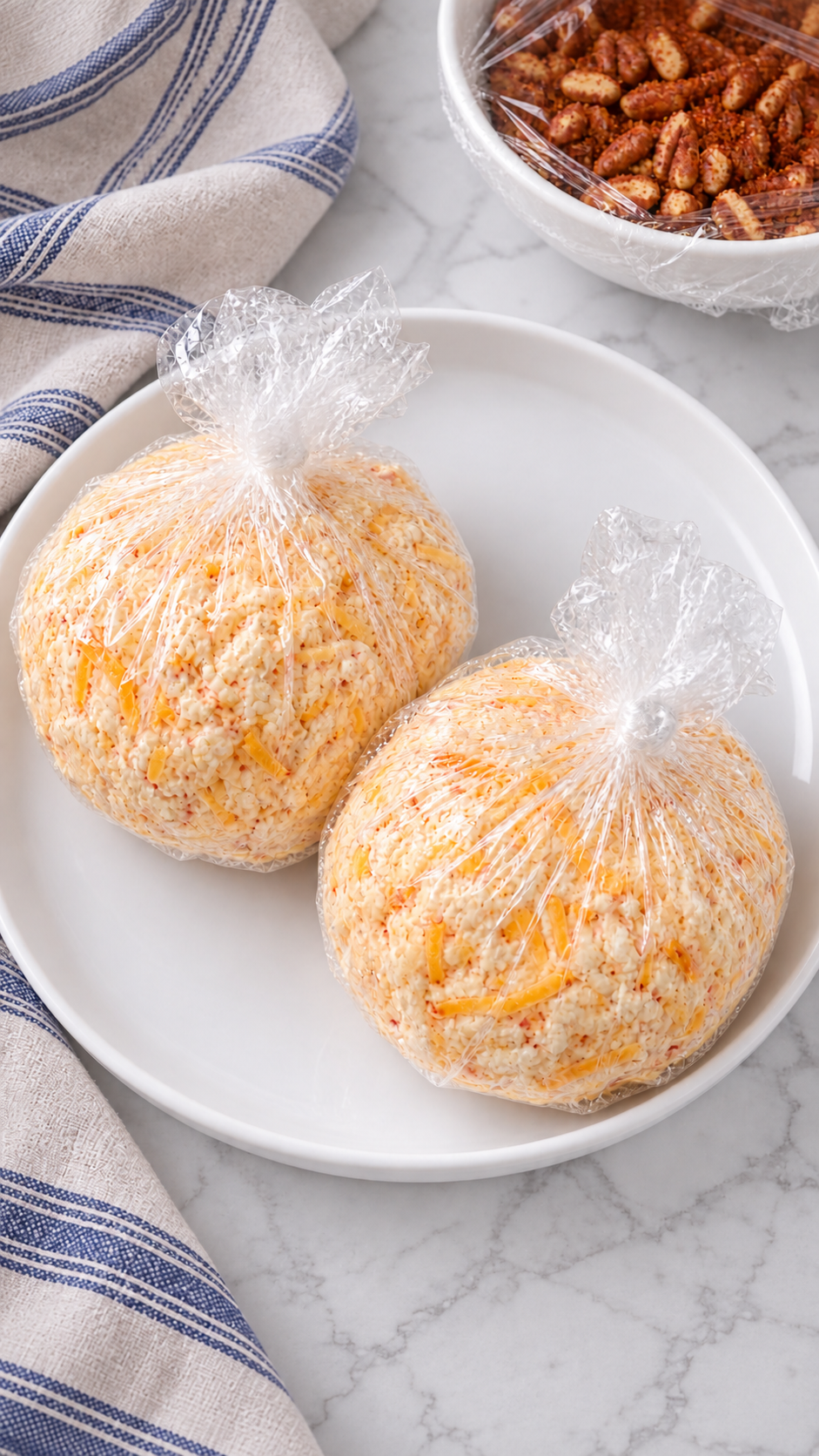 Two uncoated cheeseballs shaped individually in plastic wrap before chilling.