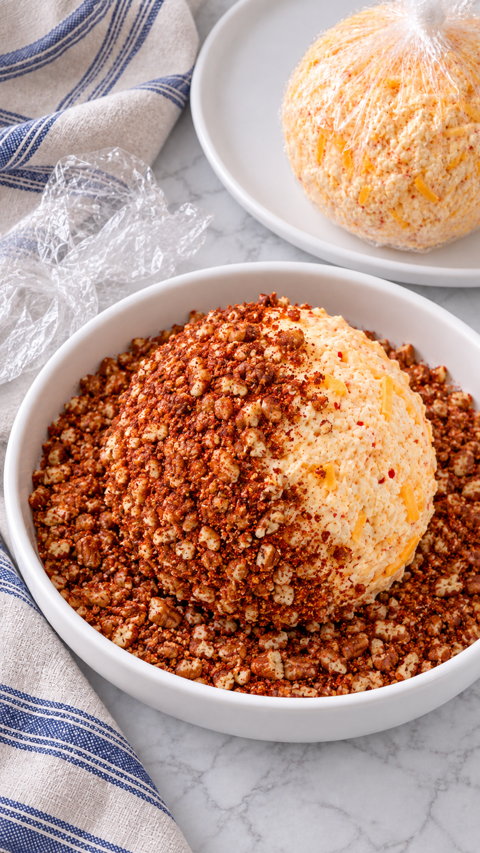 A chilled cheese ball rolled in chopped pecans and chili powder.