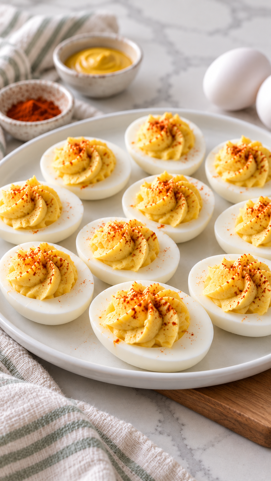Finished classic deviled eggs with creamy piped filling and a light paprika garnish.