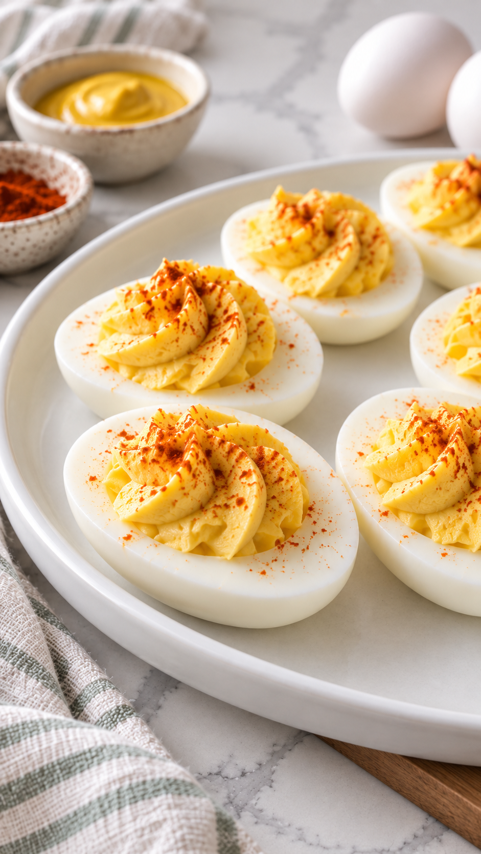 Close view of creamy deviled egg filling dusted with paprika.